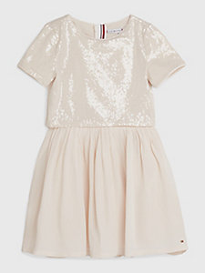 beige fit and flare sequinned dress for girls tommy hilfiger
