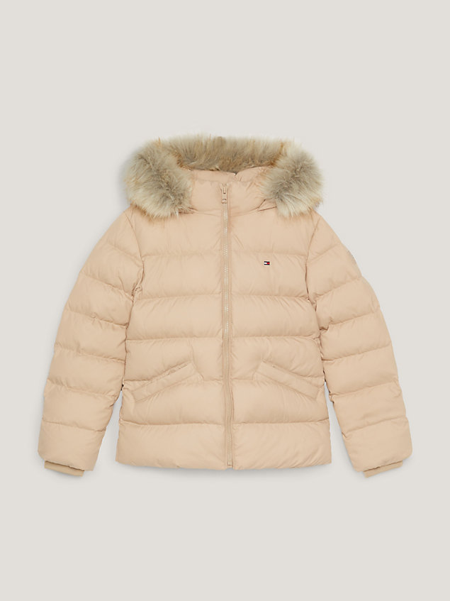 beige essential faux fur down hooded jacket for girls tommy hilfiger