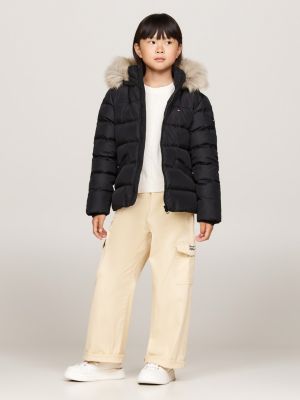 doudoune à capuche en fausse fourrure noir pour filles tommy hilfiger