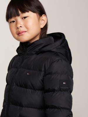 schwarz puffer-daunenjacke mit kunstpelz an kapuze für mädchen - tommy hilfiger