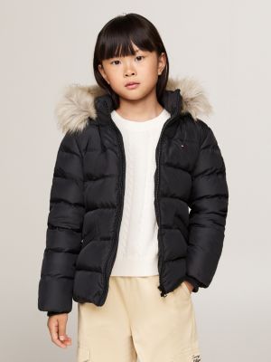 black faux fur hood down puffer jacket for girls tommy hilfiger