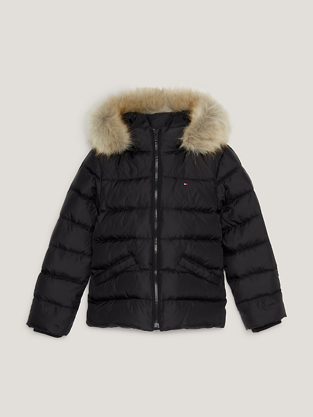 black essential faux fur down hooded jacket for girls tommy hilfiger