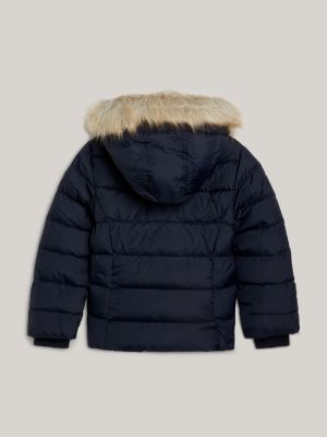 blau puffer-daunenjacke mit kunstpelz an kapuze für mädchen - tommy hilfiger