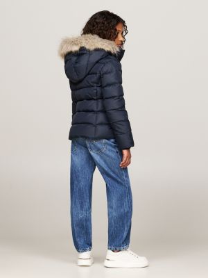 blue faux fur hood down puffer jacket for girls tommy hilfiger