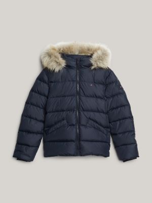 blau puffer-daunenjacke mit kunstpelz an kapuze für mädchen - tommy hilfiger