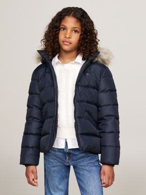 doudoune à capuche en fausse fourrure bleu pour filles tommy hilfiger