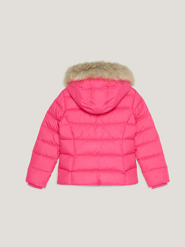 pink essential faux fur down hooded jacket for girls tommy hilfiger