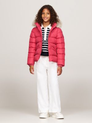 pink faux fur hood down puffer jacket for girls tommy hilfiger