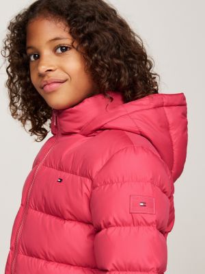 rosa puffer-daunenjacke mit kunstpelz an kapuze für mädchen - tommy hilfiger