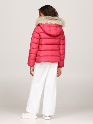 rosa puffer-daunenjacke mit kunstpelz an kapuze für mädchen - tommy hilfiger