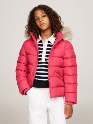 pink faux fur hood down puffer jacket for girls tommy hilfiger