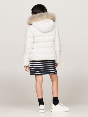 Faux Fur Hood Down Puffer Jacket White Tommy Hilfiger