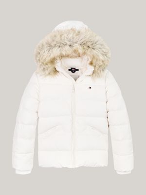 Puffer jacket with fur hood white on sale