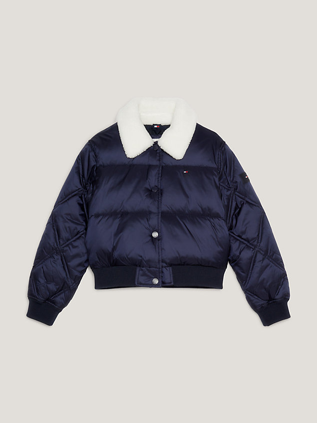blue recycled sherpa collar cropped puffer jacket for girls tommy hilfiger
