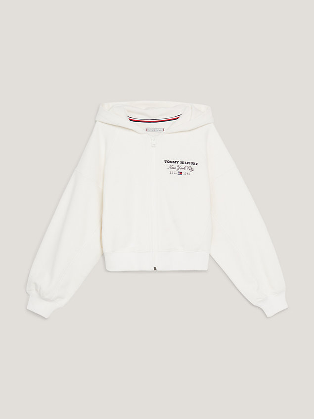 white hoodie met rits en logo op de rug voor meisjes - tommy hilfiger