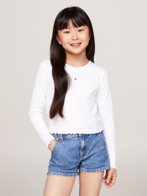 white essential ruffled trim long sleeve t-shirt for girls tommy hilfiger