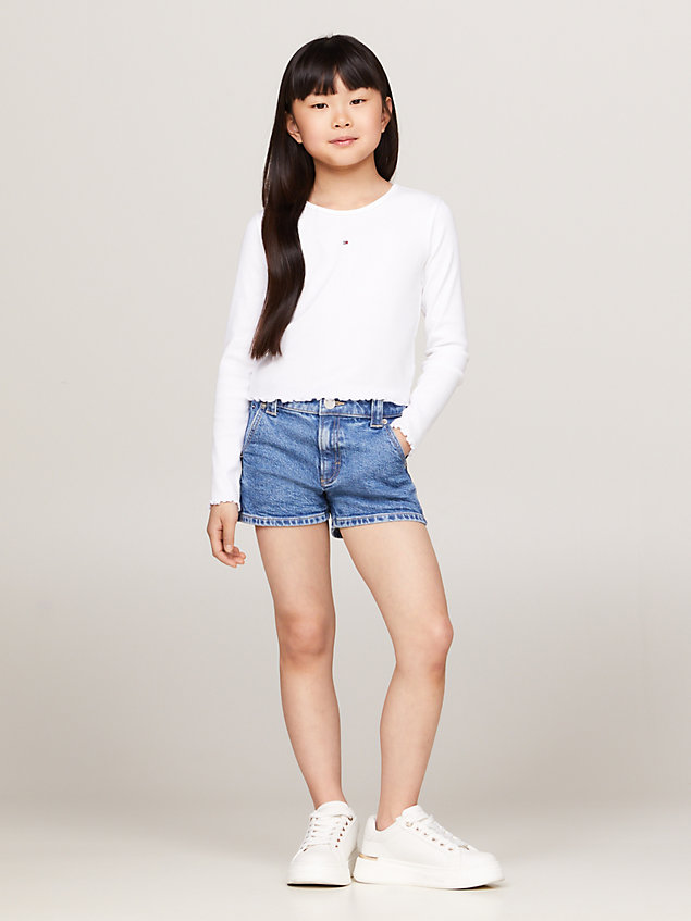 white essential ribbed fitted long sleeve t-shirt for girls tommy hilfiger
