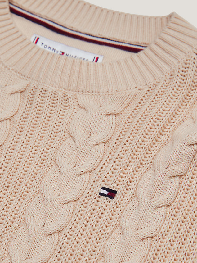 beige relaxed fit cropped kabelgebreide trui voor meisjes - tommy hilfiger