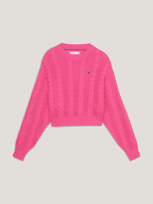 pink krótki luźny sweter z warkoczowym splotem dla dziewczynki - tommy hilfiger