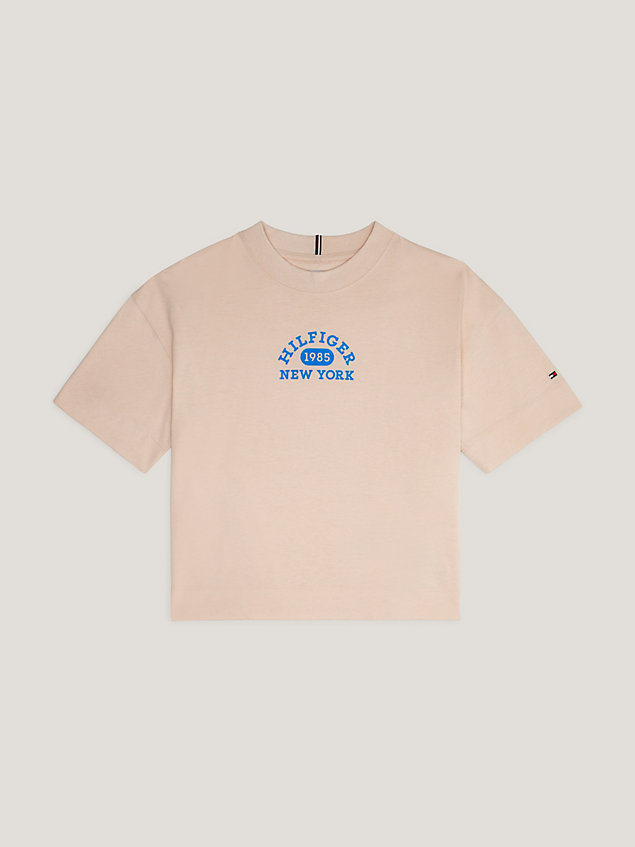beige t-shirt z logo w uczelnianym stylu dla dziewczynki - tommy hilfiger