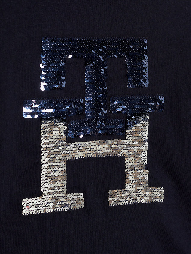 blue th monogram sequin archive fit t-shirt for girls tommy hilfiger