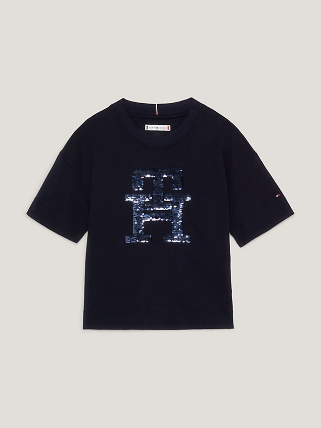 blue th monogram sequin archive fit t-shirt for girls tommy hilfiger