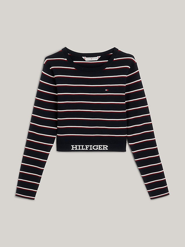 blue global stripe recycled slim cropped jumper for girls tommy hilfiger