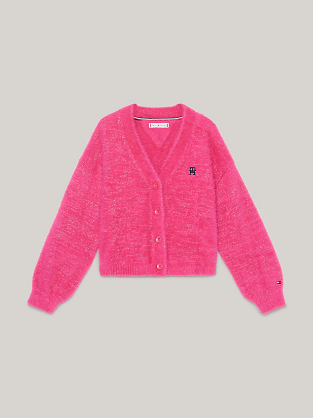 pink furry glitter v-neck relaxed cardigan for girls tommy hilfiger