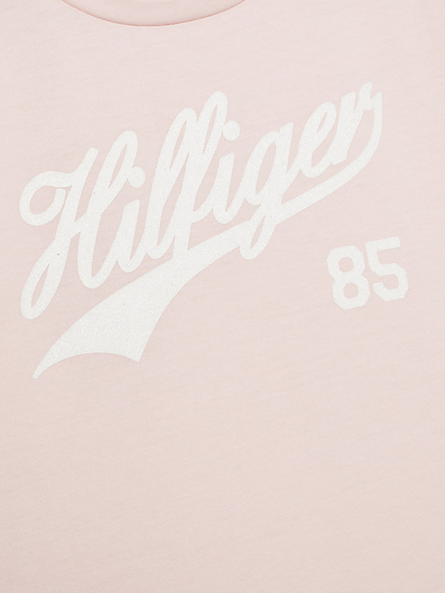 pink varsity glitter script logo slim t-shirt for girls tommy hilfiger