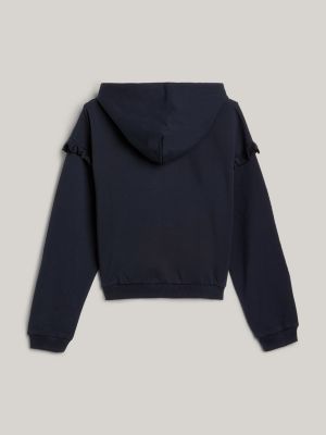 blue hoodie mit schriftzug-logo und rüschenärmeln für mädchen - tommy hilfiger