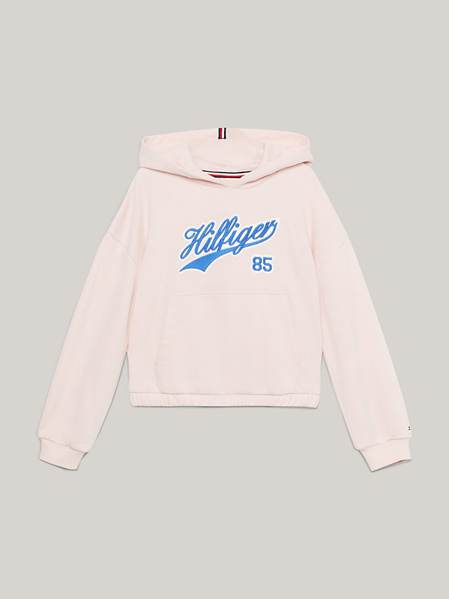 pink varsity relaxed fit hoodie met script-logo voor meisjes - tommy hilfiger