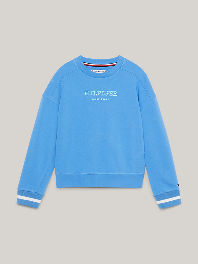 blue relaxed sweatshirt met metallic monotype-logo voor meisjes - tommy hilfiger