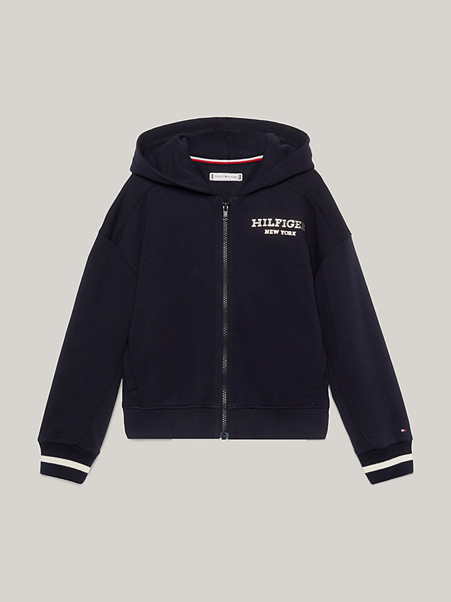 felpa hilfiger monotype relaxed fit con zip blue da bambine tommy hilfiger
