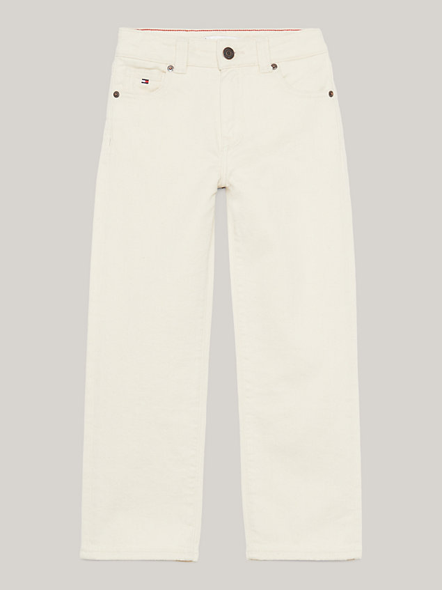 beige girlfriend straight logo patch white jeans for girls tommy hilfiger