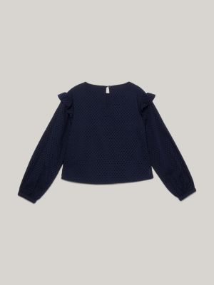 blue essential gepunktete bluse mit lochstickerei für mädchen - tommy hilfiger
