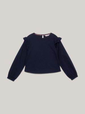 blue essential gepunktete bluse mit lochstickerei für mädchen - tommy hilfiger