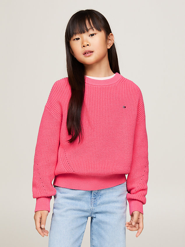 pink essential relaxed fit trui met contraststeken voor meisjes - tommy hilfiger