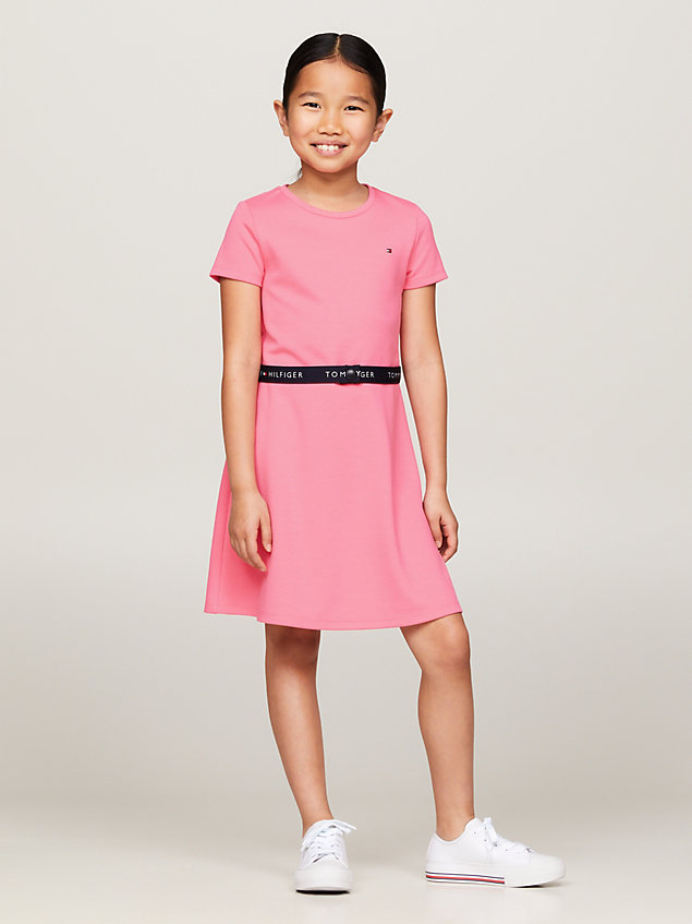 pink essential belted waist skater dress for girls tommy hilfiger