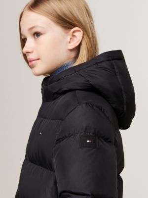 schwarz taillierte longline puffer-daunenjacke für mädchen - tommy hilfiger