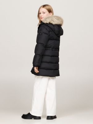 schwarz taillierte longline puffer-daunenjacke für mädchen - tommy hilfiger