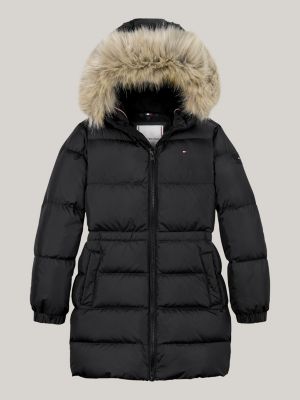 schwarz taillierte longline puffer-daunenjacke für mädchen - tommy hilfiger