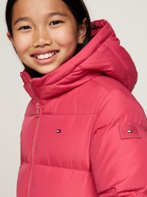 pink longline waisted down puffer jacket for girls tommy hilfiger