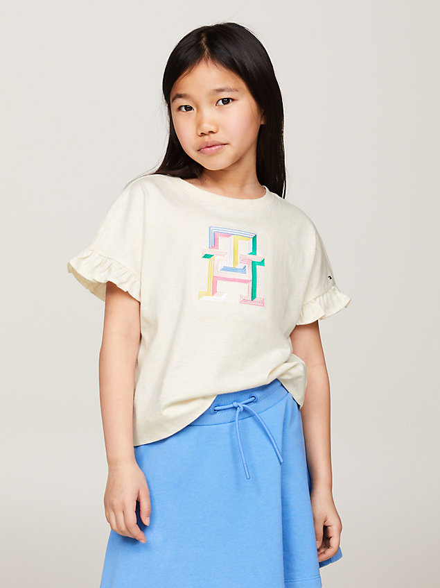 brown th monogram embroidery ruffle sleeve t-shirt for girls tommy hilfiger