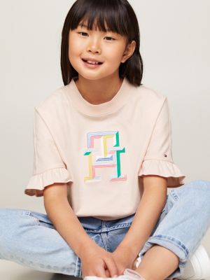 TH Monogram Embroidery Ruffle Sleeve T-Shirt | Pink | Tommy Hilfiger