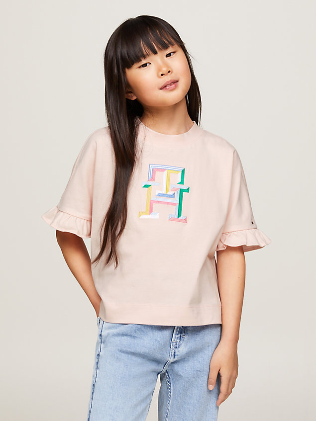pink th monogram embroidery ruffle sleeve t-shirt for girls tommy hilfiger