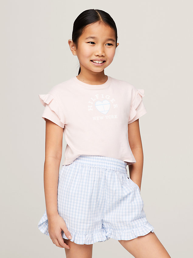 pink heart flag ruffle sleeve relaxed t-shirt for girls tommy hilfiger
