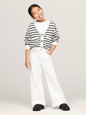 blue gestreifter boxy fit häkel-cardigan für mädchen - tommy hilfiger