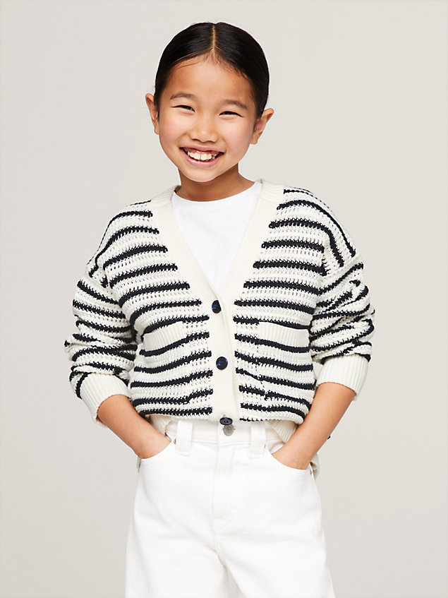 blue crochet stripe boxy fit v-neck cardigan for girls tommy hilfiger