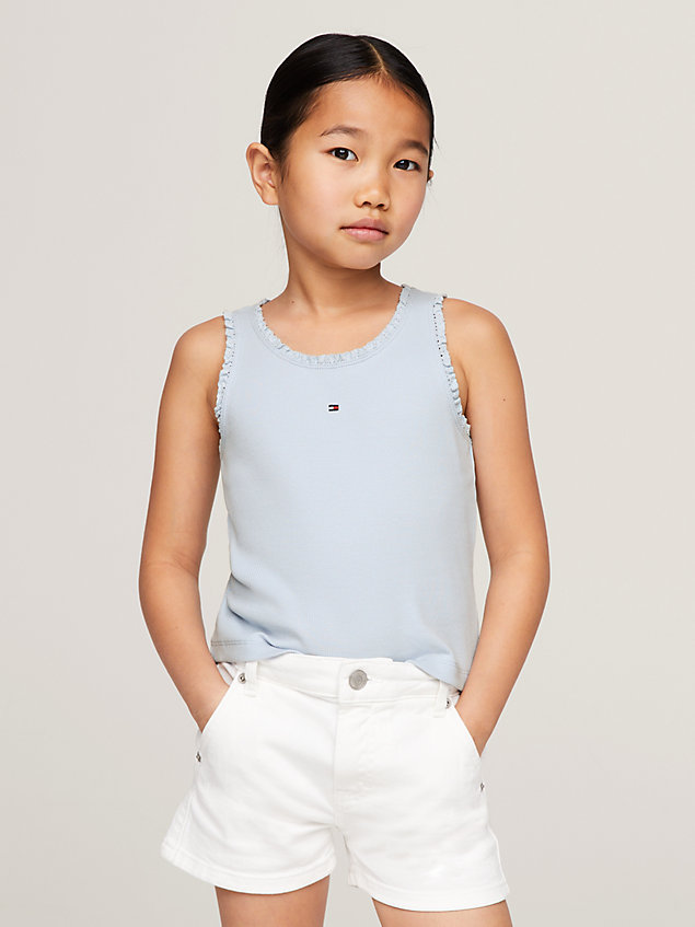 blue essential ribbed texture frilled tank top for girls tommy hilfiger