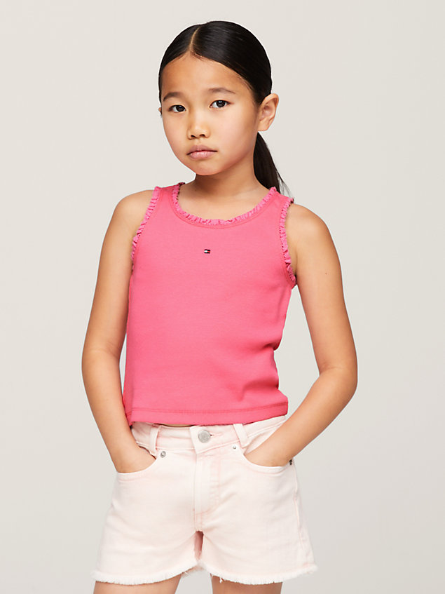 pink essential ribbed texture frilled tank top for girls tommy hilfiger